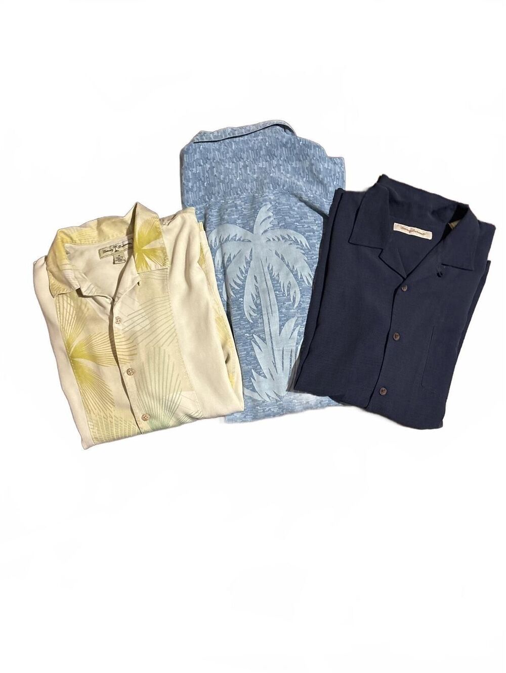 Lot of 3 Tommy Bahama Mens M 100% Silk Hawaiian Camp Shirts Blue Yellow Navy